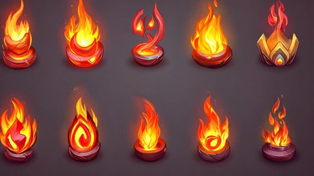 Colorful collection of flame icons showcasing different fire designs for digital artwork and game graphics