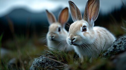 A couple of rabbits sitting on top of a rock in the grass