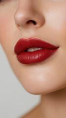 Fototapeta premium Close up of red lips and smooth skin. Beauty makeup