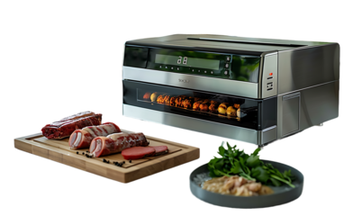 High tech oven cooking meat and vegetables Culinary image for food blogs magazines and websites