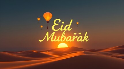 Fototapeta premium Warm Eid Mubarak Wishes: Desert Landscape, Sunset, Glowing Hot Air Balloons, Festive Celebration