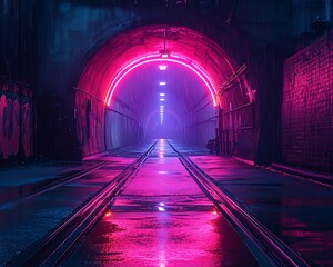 A neon lit tunnel showing a neon lit rail track