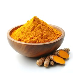 A wooden bowl with turmeric powder and roots