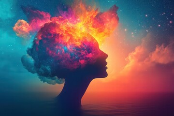Cosmic Silhouette: Psychedelic Nebula and Vibrant Galaxy Inner Vision.Mental Health Recovery