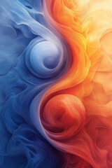 Obraz premium Abstract yin-yang symbol with fluid swirls in deep blue and fiery red, creating balance and movement, set against a muted gradient background with space for branding.