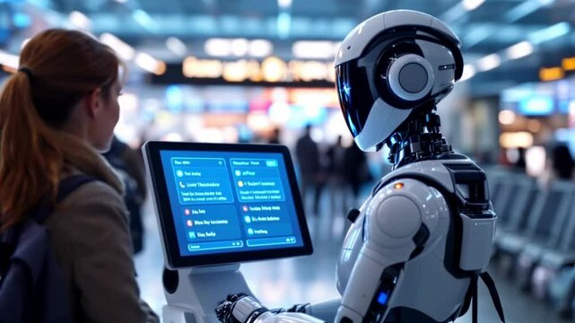 Futuristic Airport Assistance, Robotic Translator Helping Global Travelers Connect