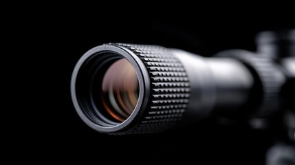 Close-up rifle scope lens, dark background, high-quality optics