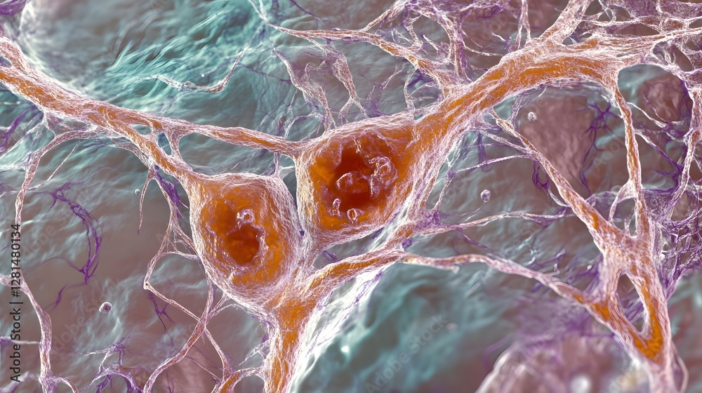 Poster Vibrant and colorful microscopic image depicting the organic structure and intricate network of neuronal cells molecules and synaptic connections in a scientific medical