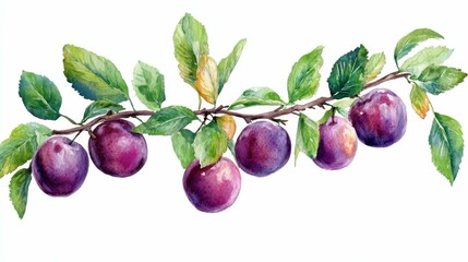 Watercolor Plum Tree Branch. Botanical Art of Beautiful Autumn Agriculture in Bright Colors