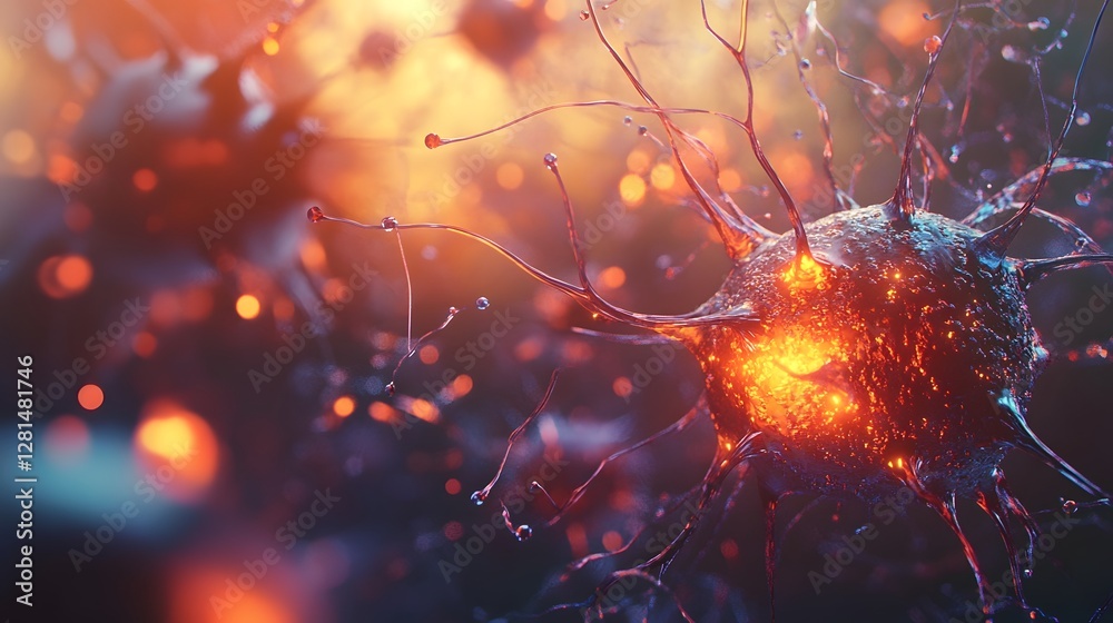 Poster Vibrant and dynamic digital of a glowing futuristic neurone displaying electrical signals and communication within the complex neural network of the nervous system
