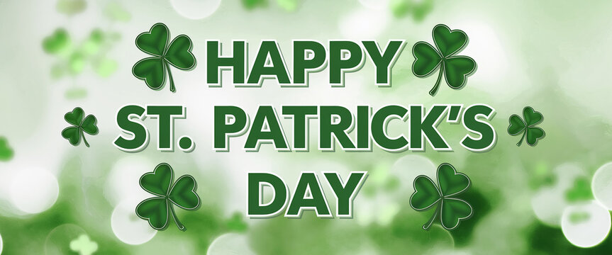 A festive design for St. Patrick's Day with a bold "Happy St. Patrick's Day" message and a bright green background, adorned with shamrock clovers, celebrating the holiday's spirit