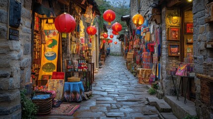 A charming narrow alleyway illuminated by colorful lanterns. Art and culture pulsate through the vibrant stalls. Experience the beauty of this magical street. Generative AI