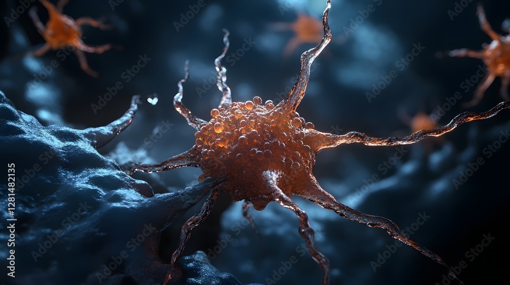 Poster Vibrant and dynamic image of a neural network with interconnected neurons and glowing synaptic connections against a dark blue futuristic backdrop