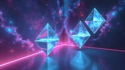 Fototapeta premium The image features three glowing pyramids floating in a neon-lit, cosmic environment with a reflective floor, blending elements of futuristic digital art and surreal, sci-fi aesthetics. 