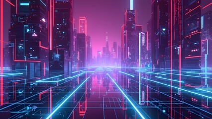 The image illustrates a cyberpunk cityscape with futuristic skyscrapers, illuminated by vibrant neon lights in pink and blue hues, creating a high-tech and imaginative urban atmosphere.  