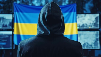 Individual in hoodie stands before multiple screens displaying data and a Ukrainian flag in a darkened room at night - Powered by Adobe