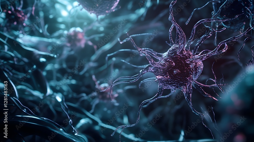 Poster Vibrant and intricate neuronal network pulsing with electrical impulses in a moody dark and dynamic digital backdrop