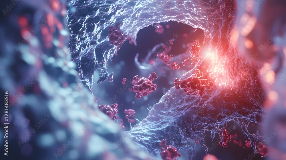 Fototapete Vibrant Cellular Explosion   Abstract Biotech Microscopic Visualization of Chaotic Molecular Energy  Futuristic digital of a dynamic