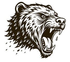 Obraz premium Bear head with bared teeth, breaking through ink splatter, wild strength, black and white graphic design, powerful animal illustration