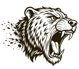 Obraz premium Bear head with bared teeth, breaking through ink splatter, wild strength, black and white graphic design, powerful animal illustration