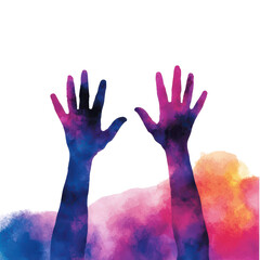 Two hands raised, displaying vibrant colors and an artistic, abstract design that suggests emotion and creativity.