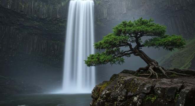Serene waterfall cascading down rocky cliffs, with a solitary tree on the edge, surrounded by mist