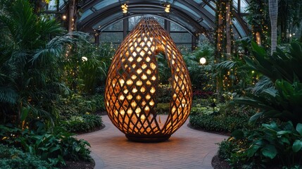 Fototapeta premium Illuminated Teardrop Sculpture in Lush Conservatory Garden