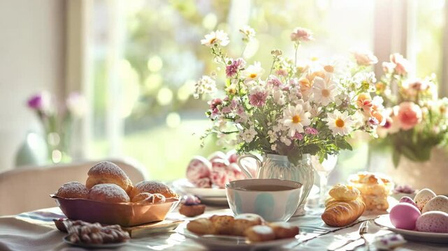 A beautifully set Easter brunch table with fresh flowers, pastries, and colorful decorated eggs in soft daylight