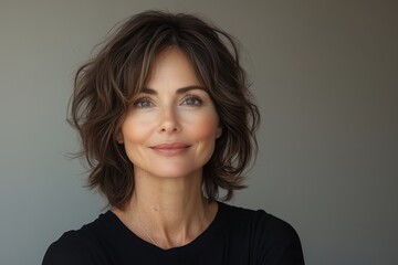 Fototapeta premium Captivating portrait of a woman with wavy hair against a neutral backdrop showcasing natural beauty and confidence