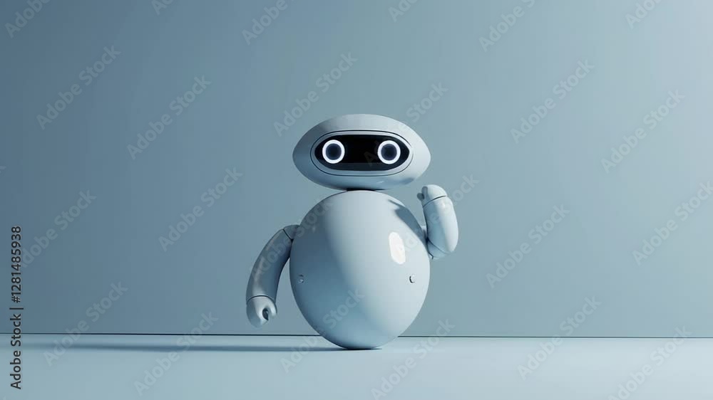 Poster White friendly humanoid robot waving and pointing, showcasing artificial intelligence through expressive digital animation against minimalist blue background