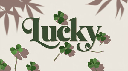 Lucky text with shamrock clovers on a light background, symbolizing St. Patrick's Day, good fortune, and the celebration of luck and prosperity.