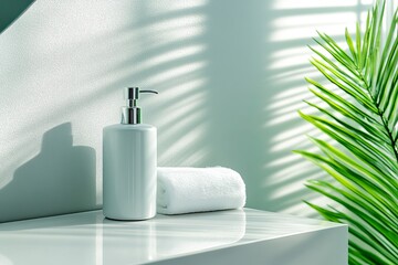 A modern luxury dressing table with a small white bottle. Generative AI