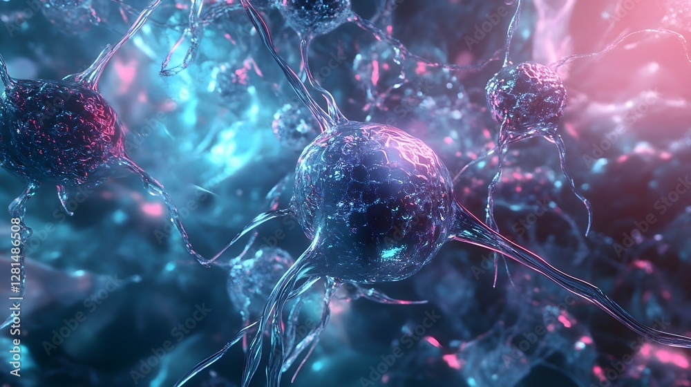 Poster Vibrant digital abstract showcasing a microscopic view of colorful dynamic organic particles subatomic structures and molecular formations in a futuristic psychedelic style  This conceptual