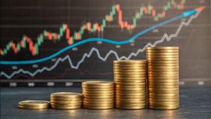Stacks of gold coins arranged in increasing order on wooden surface with financial charts in background
