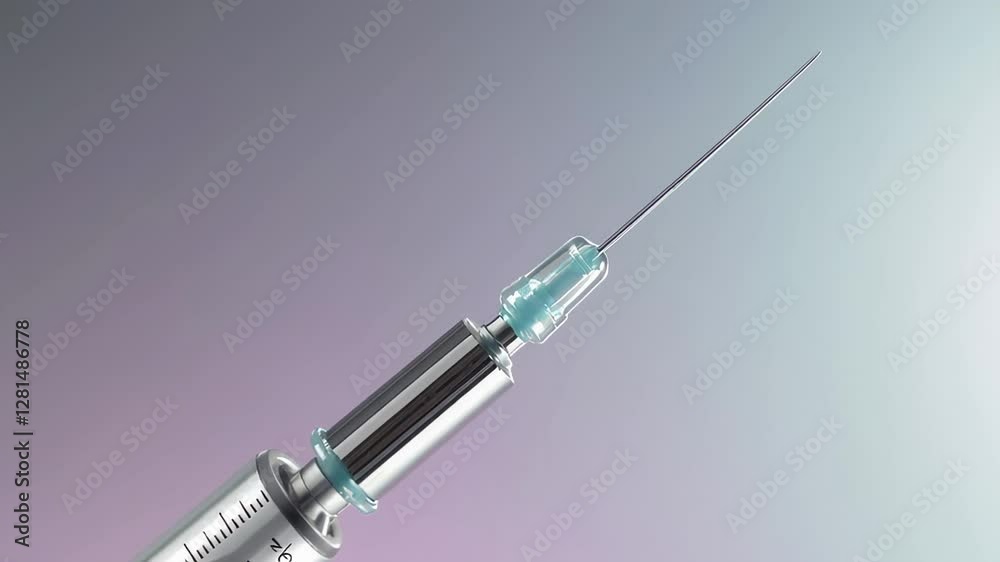 Poster sterile medical syringe containing blue liquid, slowly rotating in professional laboratory setting w