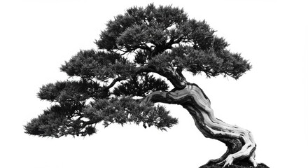 Fototapeta premium A serene bonsai tree with intricate branches and leaves, set against a minimalistic white background
