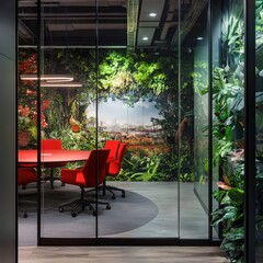 A glass room with a jungle mural on the wall