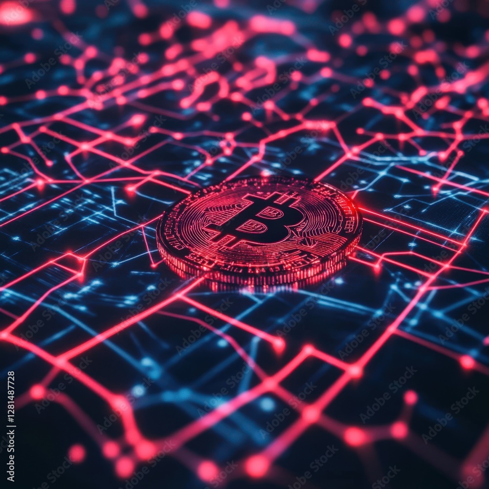 Wall mural a red and blue computer screen with a coin on it