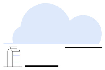 Large cloud shape dominates composition beside minimal milk carton and bold horizontal lines. Ideal for cloud computing, sustainability, data storage, minimalism, dairy industry, simplicity, abstract