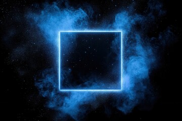Abstract blue square frame with dust particles on black background creating a cosmic and futuristic atmosphere perfect for digital art