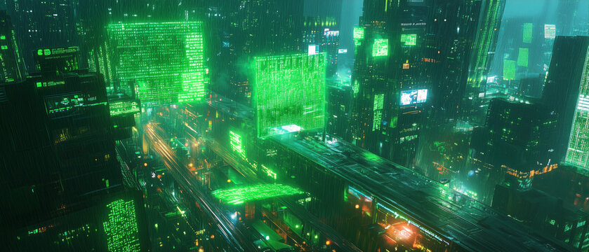 Hacker&rsquo;s Vision of the Matrix &ndash; Glowing Digital Code Rain in a Cyberpunk Virtual World
