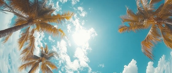 Tropical paradise vista of palm trees reaching towards a vibrant blue sky with fluffy clouds and bright sunshine evoking a sense of vacation and relaxation