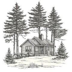 Rustic Log Cabin Surrounded by Tall Evergreen Trees in a Hand-Drawn Illustration Style