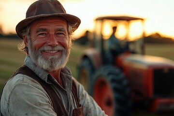 Fototapeta premium A cheerful farmer, with a white beard and hat, stands beside his tractor, smiling brightly as the sun sets over the fields, creating a warm and tranquil atmosphere