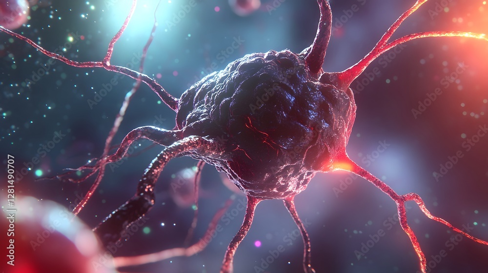 Poster Vibrant Glowing Neuron Structure in Futuristic Digital Abstract Backdrop  Microscopic view of neural cell with synaptic transmission and electric impulses