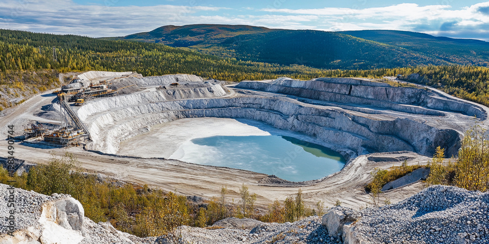 Poster Lithium extraction site featuring brine evaporation process. Generative AI