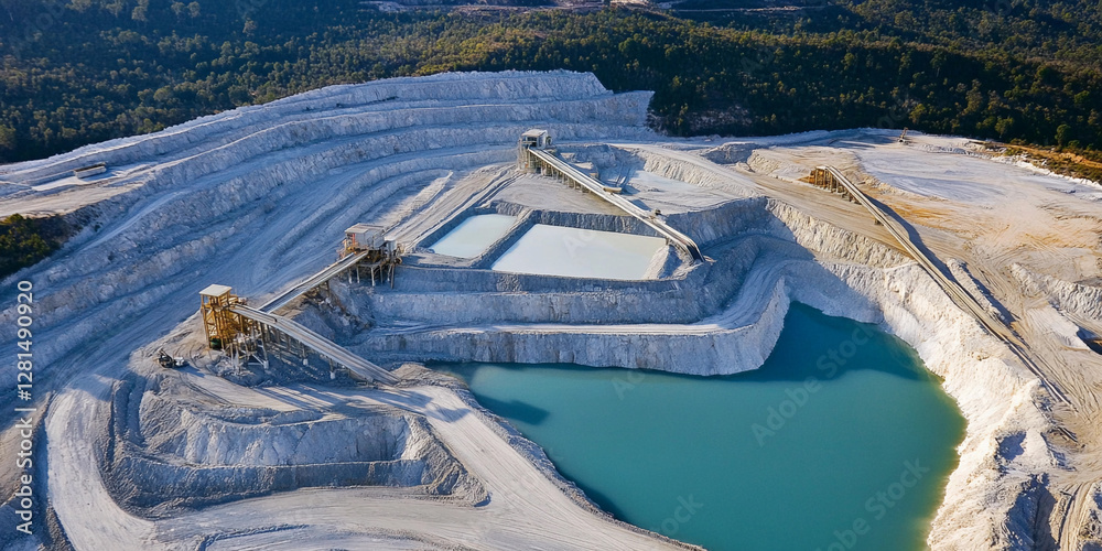 Poster large lithium mine with extensive brine evaporation ponds. generative ai