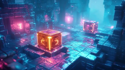 Neon Cubes in a Futuristic Temple