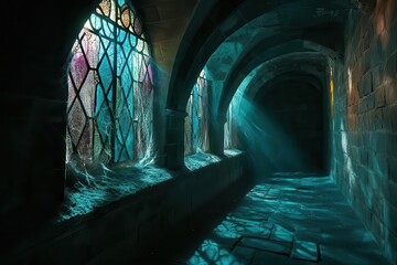 ancient crypt interior with moonlight streaming through stained glass cobwebs catching light worn stone walls mysterious shadows