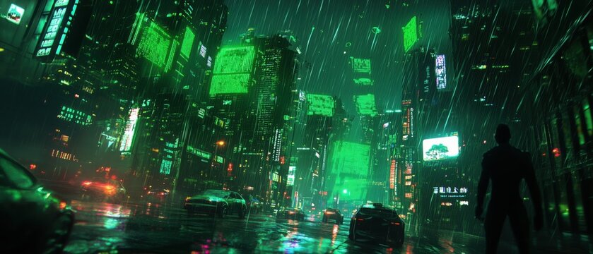 Hacker&rsquo;s Vision of the Matrix &ndash; Glowing Digital Code Rain in a Cyberpunk Virtual World